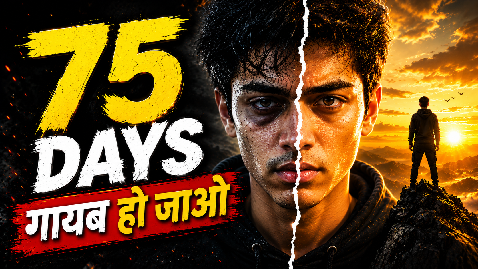 75 Days Monk Mode Challenge Hindi guide showing self improvement transformation through discipline, focus, workout and deep work